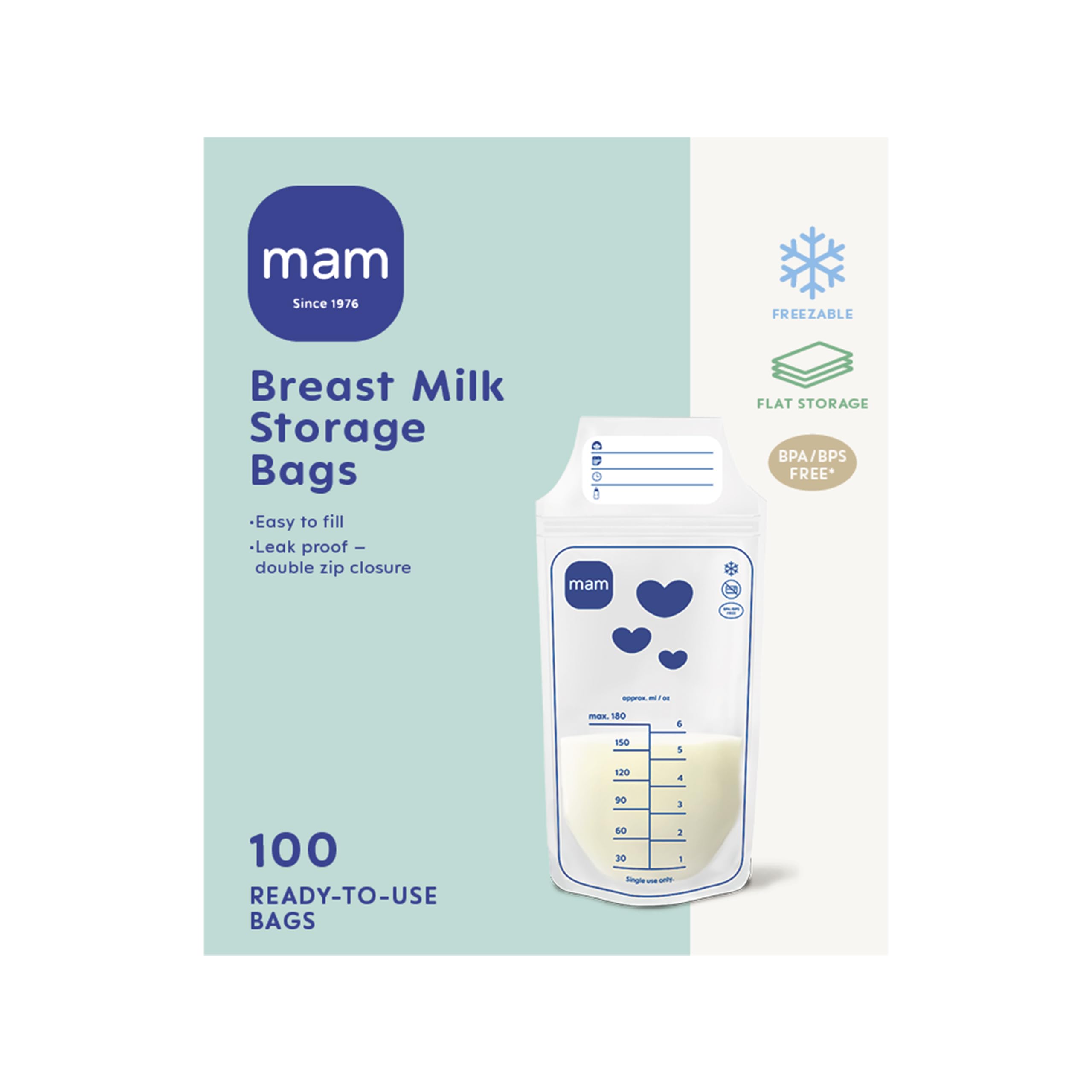 MAM Sacs de stockage de lait | Lot de 100 | Solution de stockage du lait maternel anti-fuite et pré-stérilisée | Design peu encombrant | Facile à verser et à ranger | Essentiels pour bébé pour