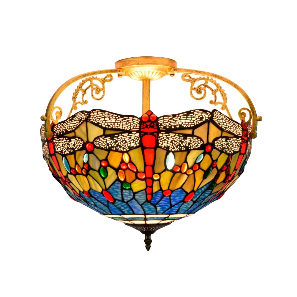 HJRegaFimu 16 Inches Semi Flush Mount Ceiling Light Large Stained Glass Uplighter Lamp Blue Dragonfly Vintage Style Deco Chandelier For Living Dining Room Bedroom Corridor