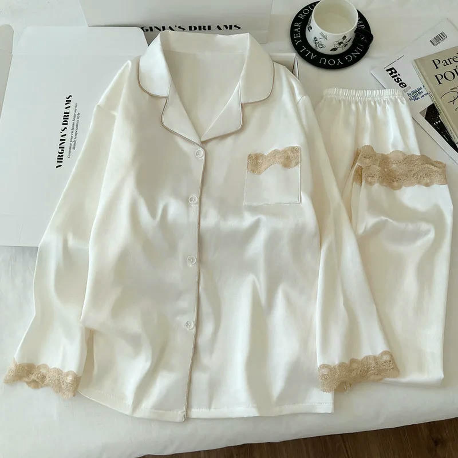 Pigiama Set di Indumenti da Notte Donna in Seta Ghiaccio Primavera Autunno con Bordi Pizzo E Maniche Lunghe-gg2371-l