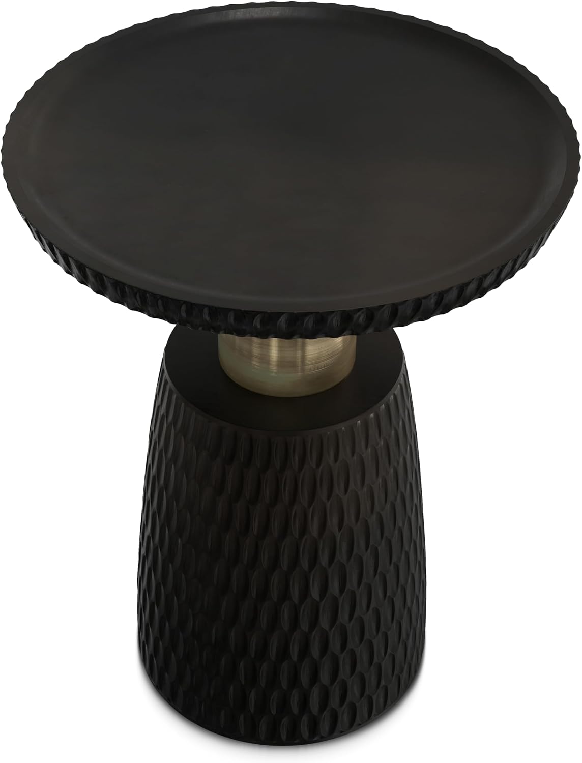 SIMPLIHOME Breanna End Table - 16 inch Wide Solid Mango Wood and Metal Round Accent Table with Textured Base in Black and Antique Gold, Contemporary Nightstand or Lamp Stand for Living Room or Bedroom
