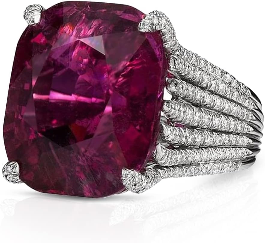 Red Ruby Square Ring, Platinum Plated Silver Crystal Gemstone, Large Cocktail Party Wedding Engagement Jewelry for Women