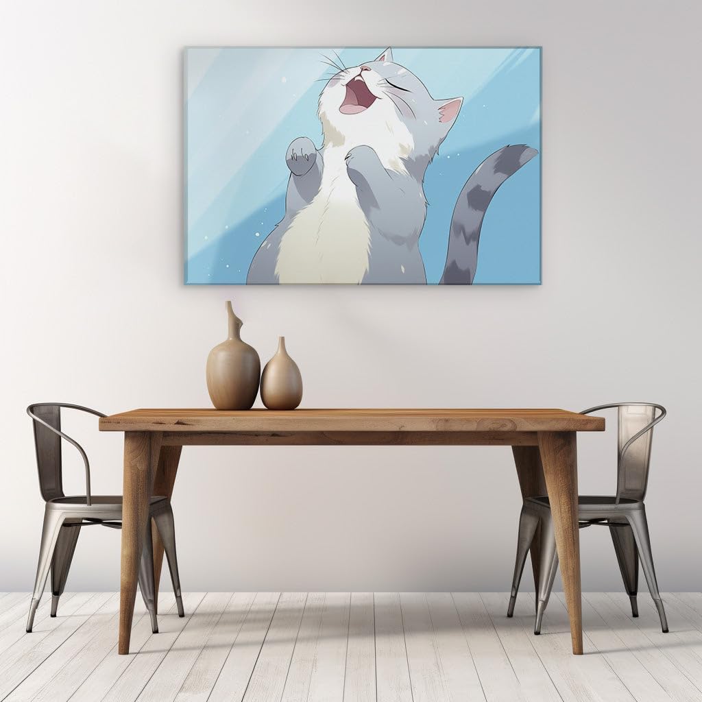 Canvas for Living room. Joy Unleashed: A Striped Cat's Sky-High Celebration, 27 x 18 inch Canvas Wall Art - Ready to Hang