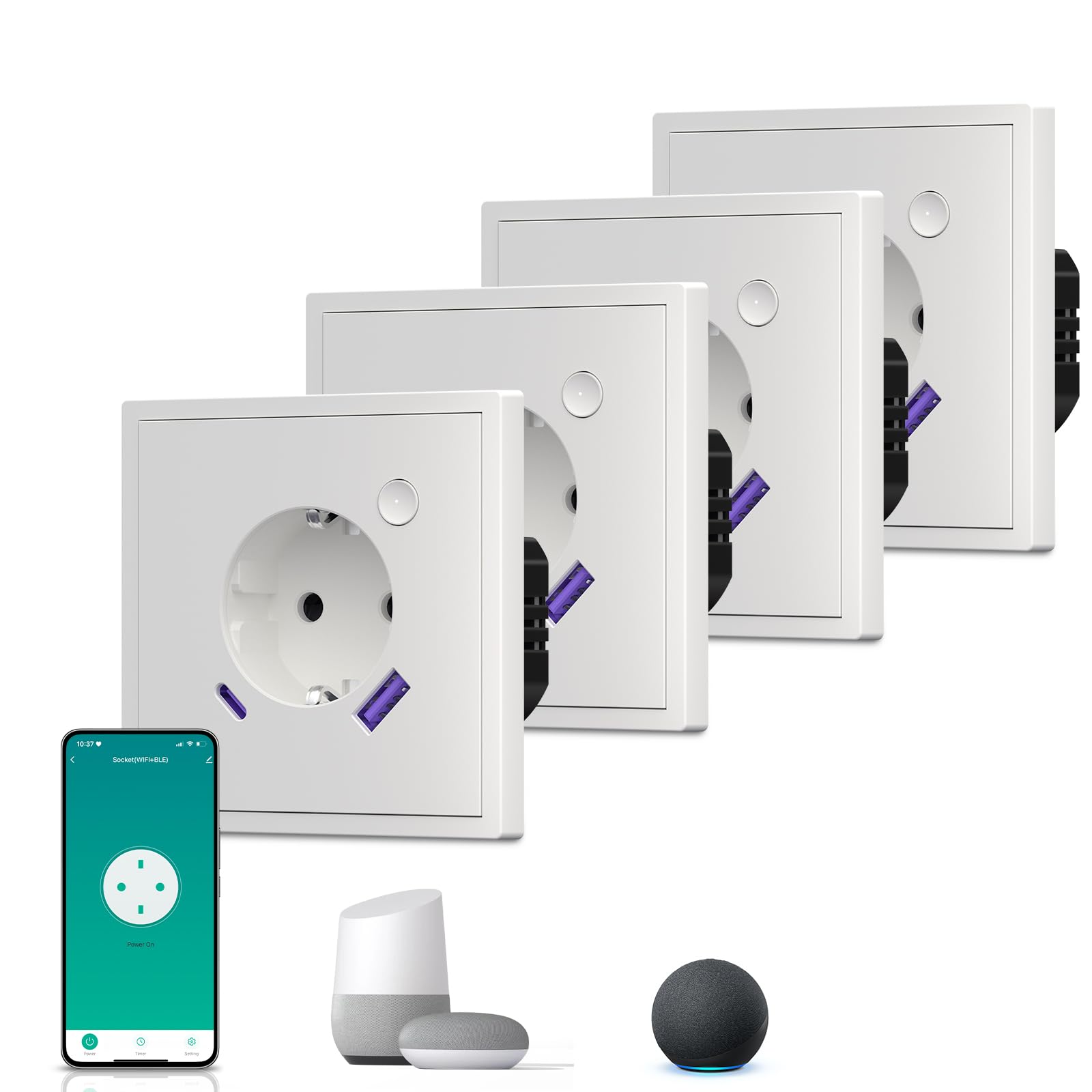 BSEED Wlan Steckdose mit USB C Matt, 20W Schnelladen Smart Steckdose Unterputz, mit Strommessung, S-Serie, 1 Fach, 86mm Weiß 4 Pack