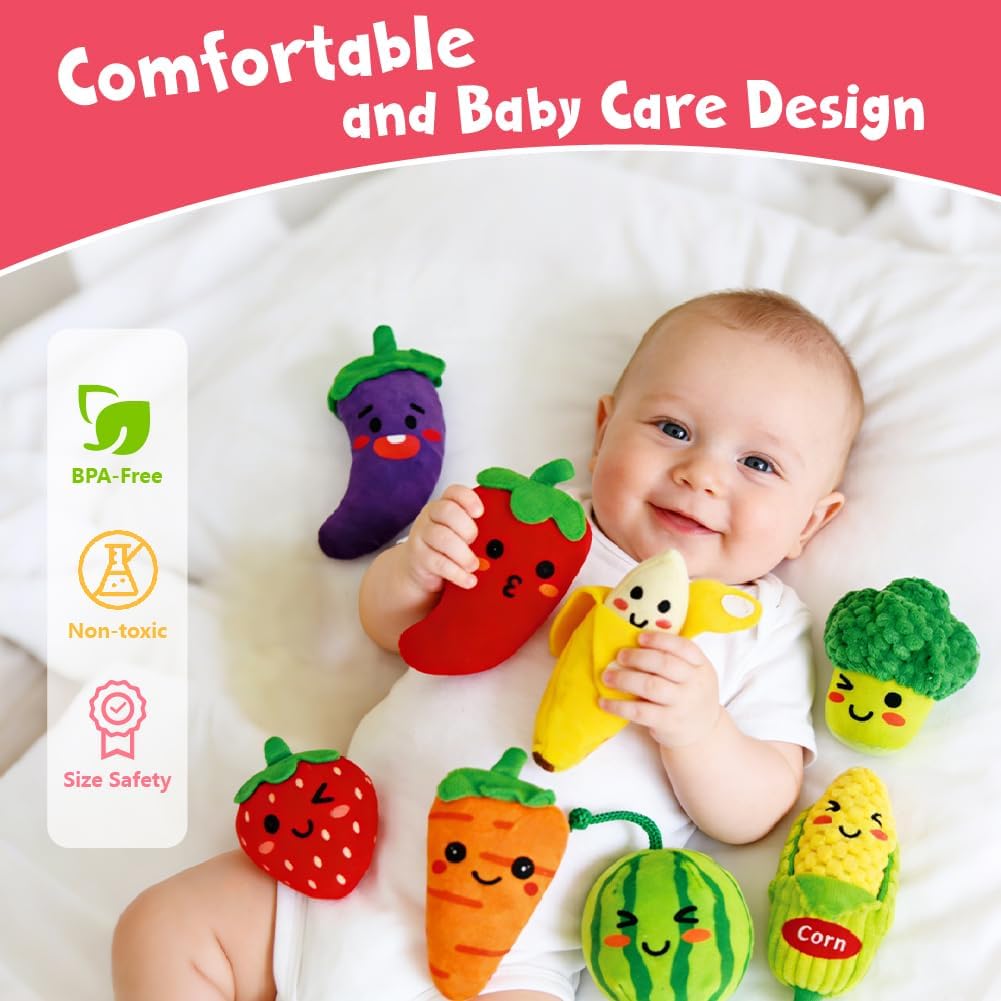Play Food for Toddlers 1-3, Plush My First Fruit Vegetables Basket Color Sorting Rattle, Squeaker & Crinkle Play Food Set for Kitchen Baby Sensory Toys Easter Basket Stuffers Birthday Gifts 20PCS