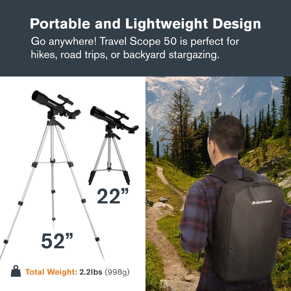 Celestron Travel Scope 50 on a tripod next to a person wearing a backpack, illustrating its portability.