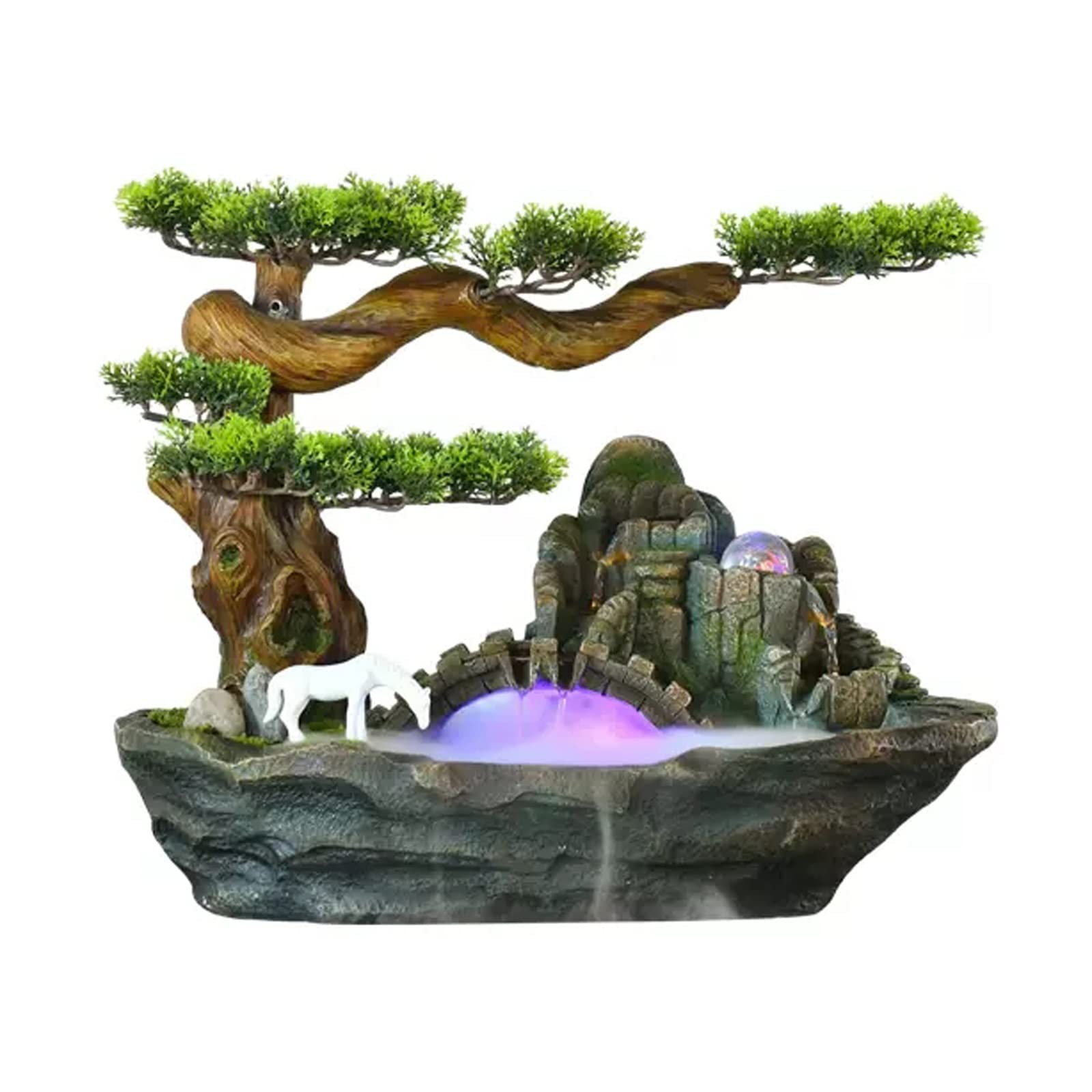 Easy Install Chinese Style Indoor Fountain Tabletop Resin Rockery Waterfall Fake Tree Potted Water Feature Creative Relaxation Desktop for Office Home Desk Decoration