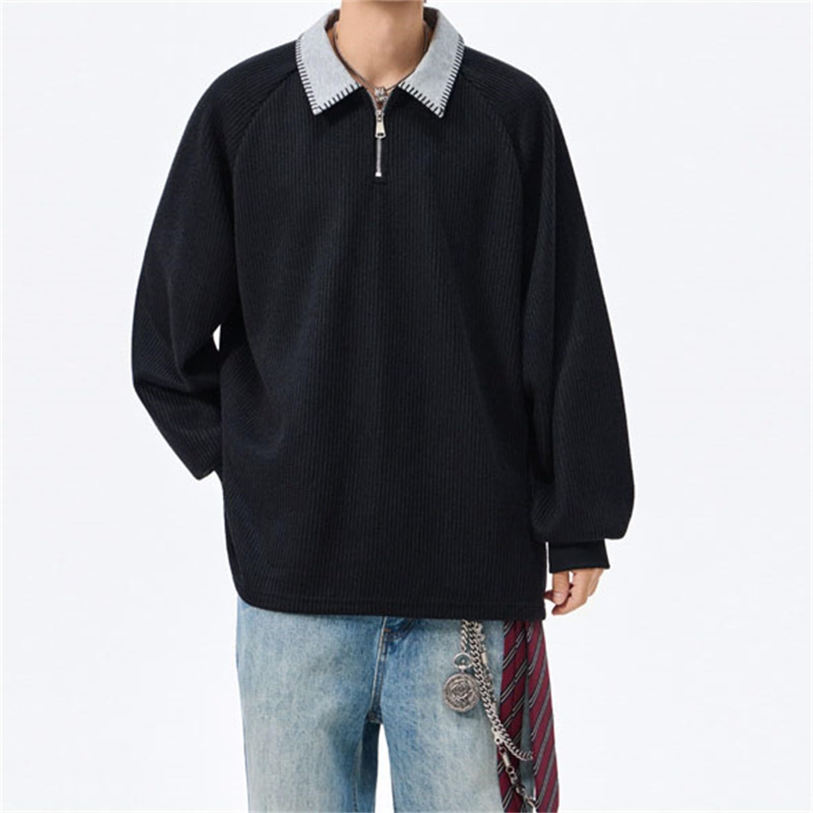 DENGJIAMY Polo grande taille avec fermeture éclair 1/4 pour homme
