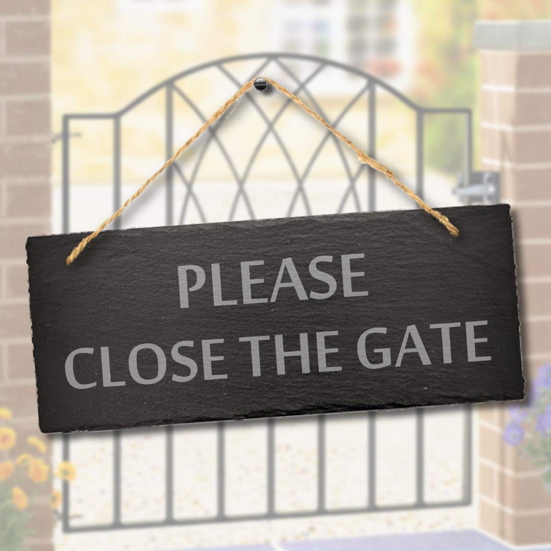 Stukk Natural Engraved Slate Stone Plaque Please Close The Gate Laser Hanging Outdoor Home Decor Sign, 30X12cm