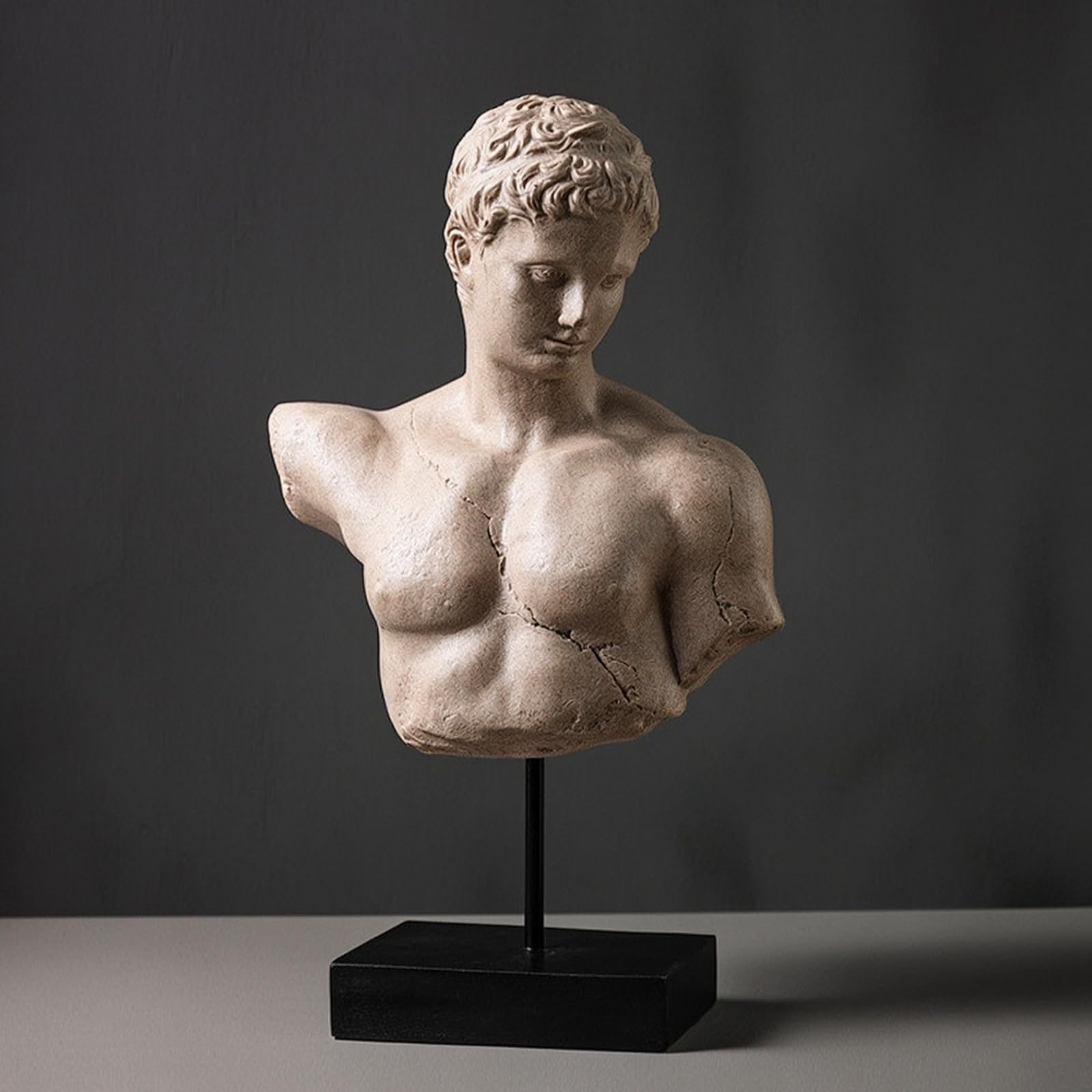 LOVIVER Escultura de Resina Busto Clásico Estatua Figura Decoración Arte Clásico con Textura Craquelada y Base Estable en Madera y Metal Adecuada para Salón