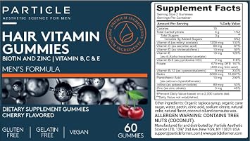 Particle Mens Hair Gummies, Gluten Free & Vegan Supplement with Vitamin C, Biotin, Zinc & Vitamin B12, Mens Daily Supplement for Hair & Wellness Support, Cherry Flavor, 60 Gummies, 1 Month Supply