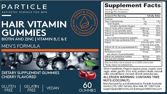 Particle Mens Hair Gummies, Gluten Free & Vegan Supplement with Vitamin C, Biotin, Zinc & Vitamin B12, Mens Daily Supplement for Hair & Wellness Support, Cherry Flavor, 60 Gummies, 1 Month Supply