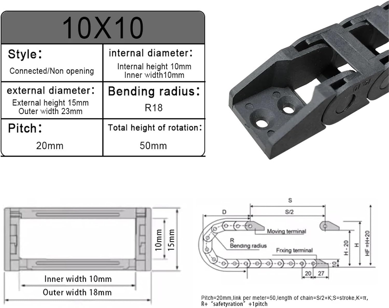 Cable Chains 10x10 10x15 10x20 mm Bridge Type Non-Opening Plastic Towline Transmission Drag Chain(10x20 mm)