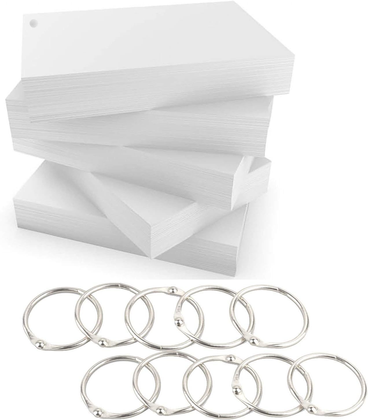 Debra Dale Designs - Blank Unruled Index Cards - Hole Punched with 10 Rings - White - 500 Cards - 2 Packages of 250 - Extra Heavy 140# Index Card Stock - 253 GSM - .0118 Thick