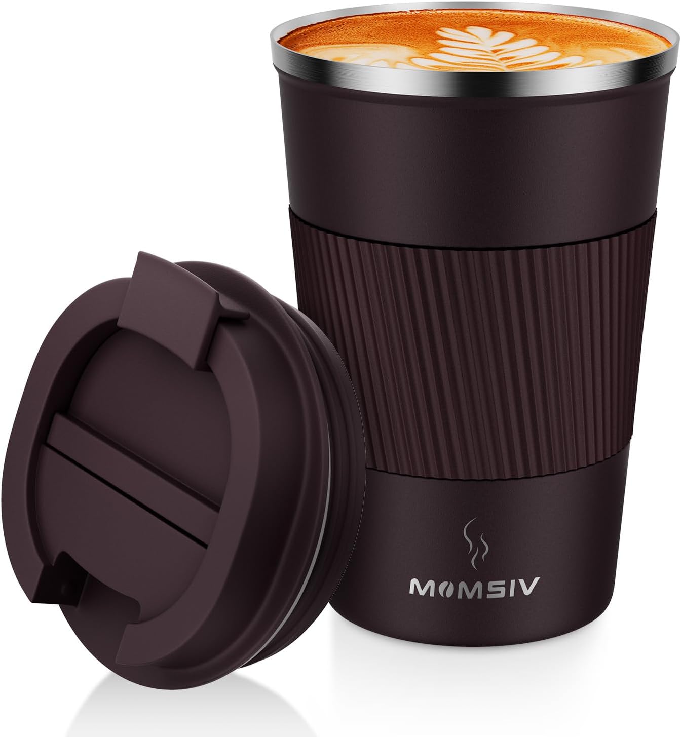 MOMSIV Coffee Cup, Insulated Coffee Cup with Leakproof Lid, Non-Slip Vacuum Reusable Stainless Steel Eco-Friendly Travel Office Mug for Hot and Cold Water Coffee and Tea, 380ml/13oz(Brown)