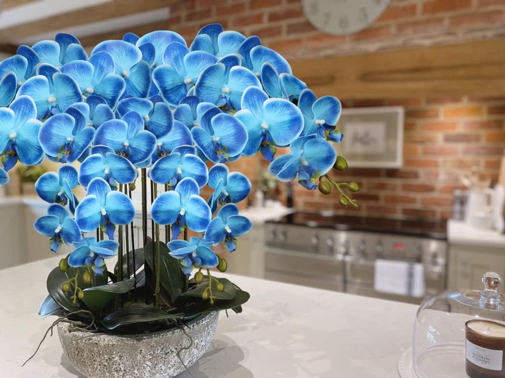 DILATATA 4 Pcs Fake Orchid Flowers 9 Large Heads of Real Touch Vivid Phalaenopsis Orchid Flower Stem 36'' Tall, Artificial Flowers Branches for Home Decor, Office House Deco-Blue Flowers