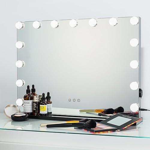 SHOWTIMEZ Espejo de maquillaje negro con 15 luces LED, 3 modos de color regulables, espejo de pared con salida USB, 22.8 x 17.5 pulgadas de alto.