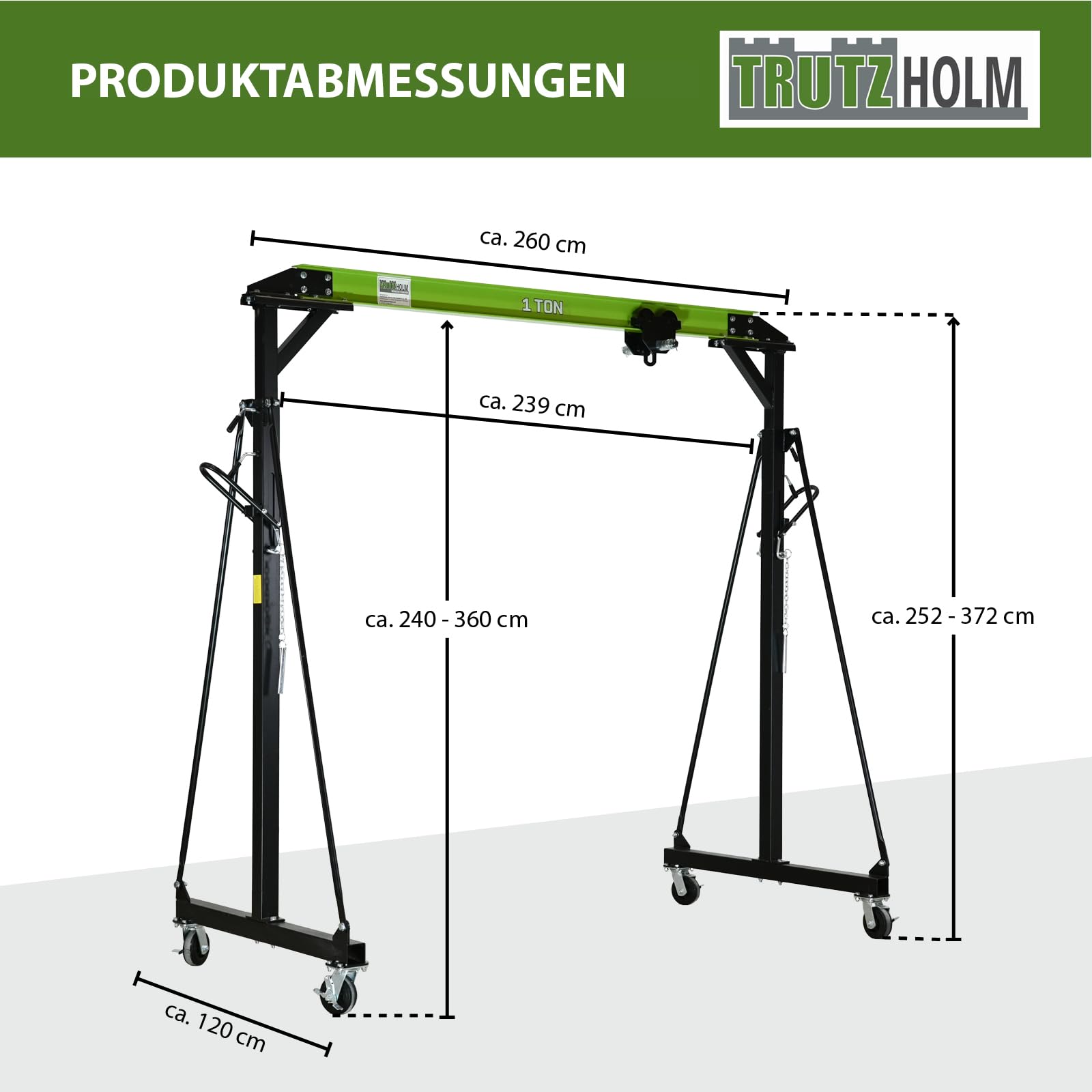 TRUTZHOLM Portalkran mit Laufkatze I Tragkraft 1 t I Stahl I Hubhöhe 2400-3600 mm I Durchfahrtsbreite 2400 mm I Mobiler Kran mit 360 Grad Lenkrollen I Brückenkran Portalhubkran für Werkstatt Lager
