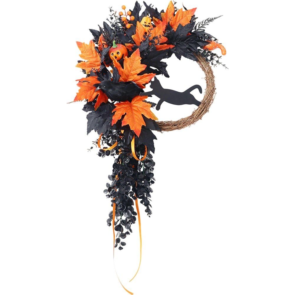 Halloween Wreath for Front Door with Cat and Pumpkin, Maple Leaves Door Wreath for Autumn Harvest Halloween Thanksgiving