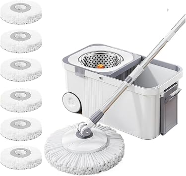 Rotary Mop Set with 6 Replacement Heads and Bucket Extended Handle Hand-Free Automatic Dehydration Microfiber Floor CleaningWhite