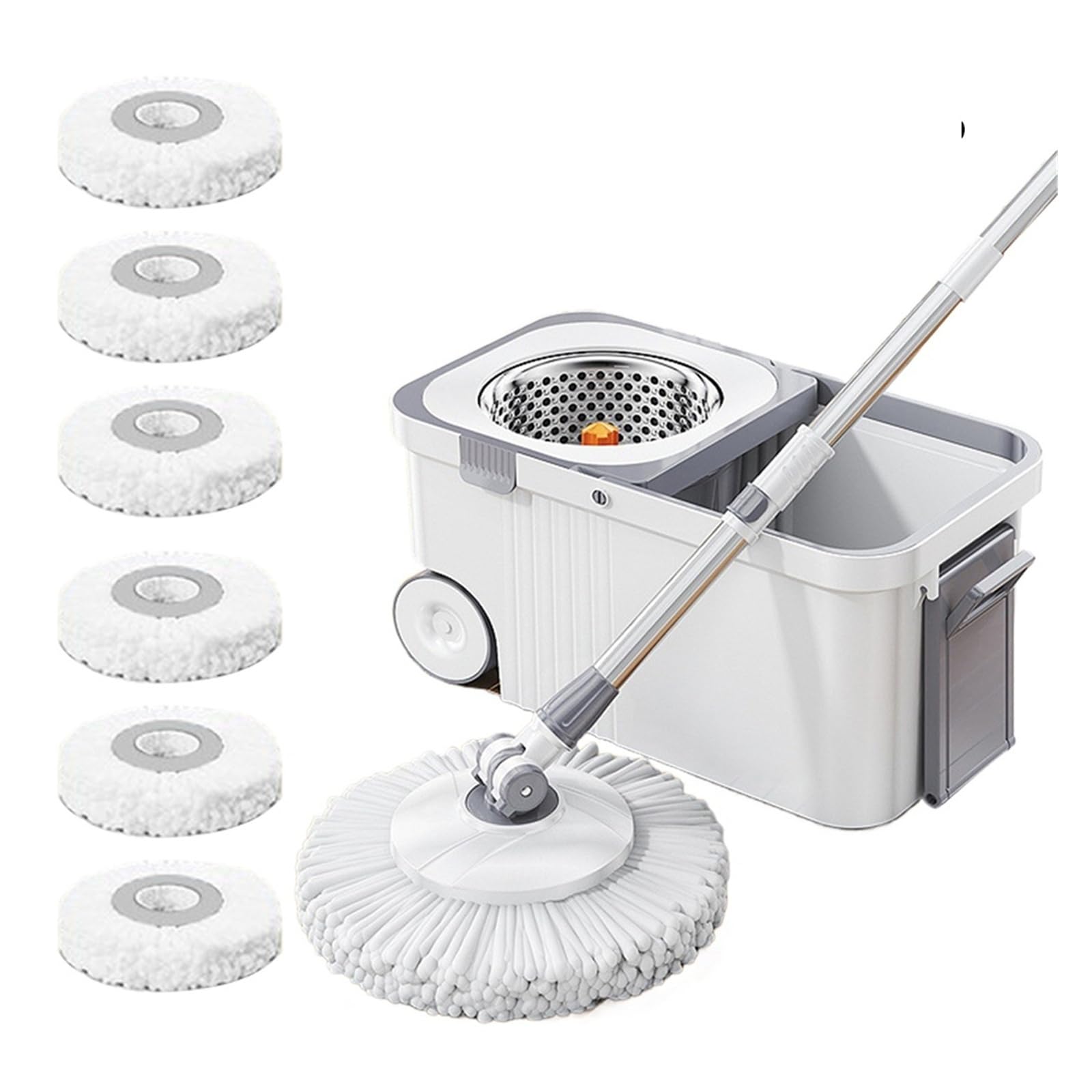 Juego De Trapeador Rotatorio con 6 Cabezales De Repuesto Y Cubo, Mango Extensible, Deshidratación Automática Manos Libres, Limpieza De Pisos De Microfibra(White)
