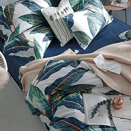 VM VOUGEMARKET Leaves Duvet Cover Set Queen,3 Piece Soft Premium Cotton Green Tropical Palm Tree Comforter Cover with Zipper Closure,Botanical Bedding Set Queen