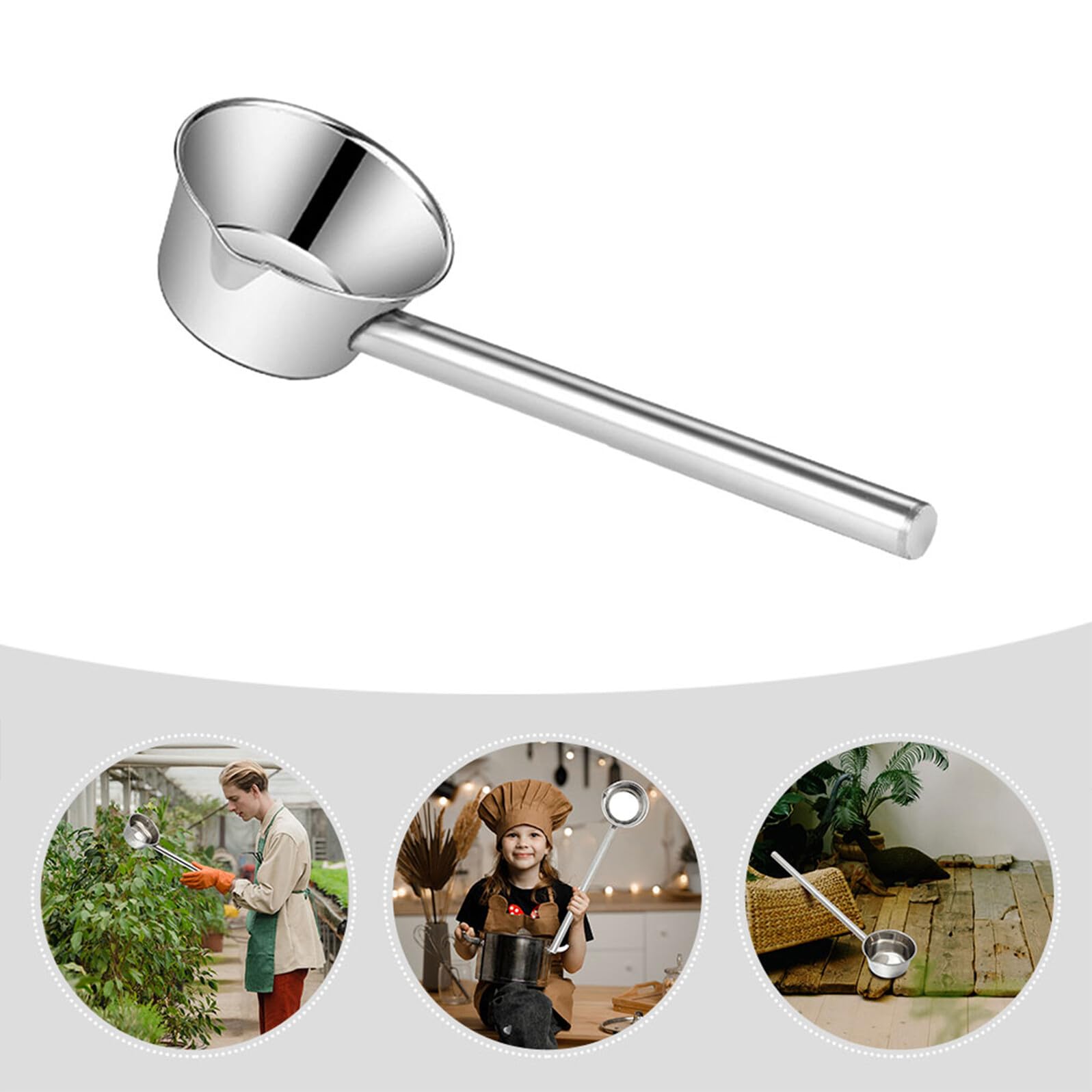 HEMOTON Cucharón de agua de acero inoxidable con mango largo para cocina, cucharón de sopa, baño, champú, cucharón de jardín, cucharón de agua de metal con boquilla de vertido