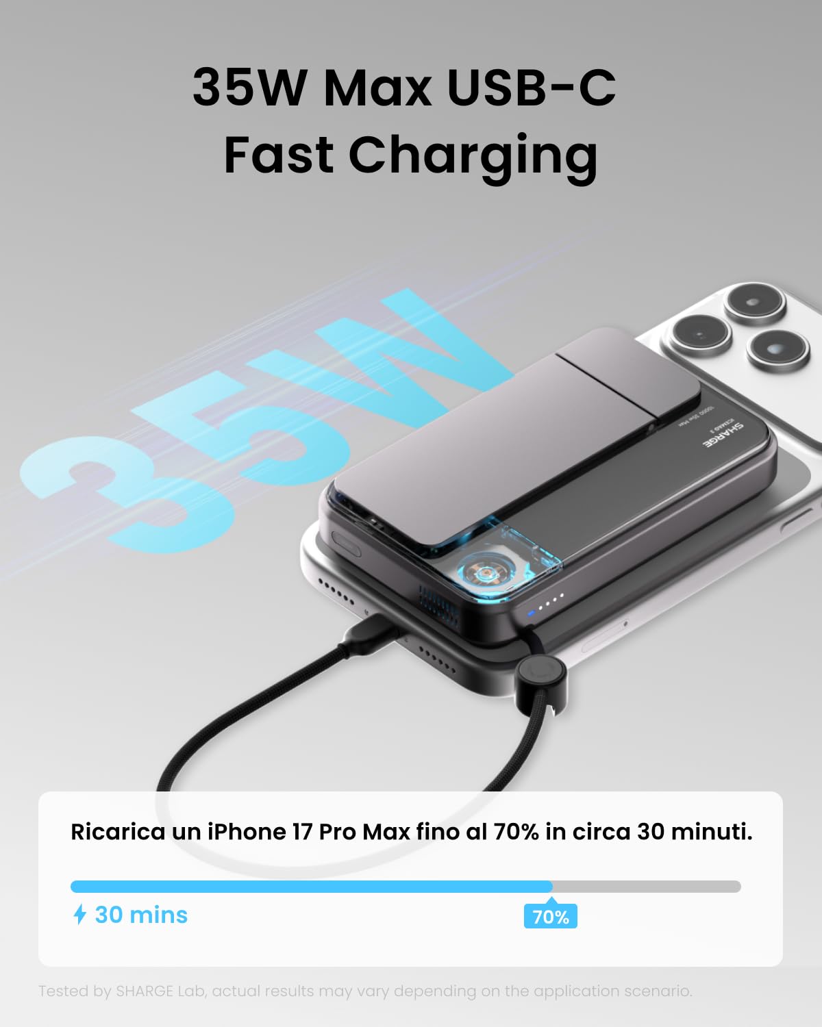 sharge ICEMAG 3 Power Bank Magnetico 10000mAh, Qi2.2 25W Caricatore Portatile Wireless con Raffreddamento Attivo 3.0, Ricarica Rapida USB-C 35W, Design Trasparente RGB (WH-EU)