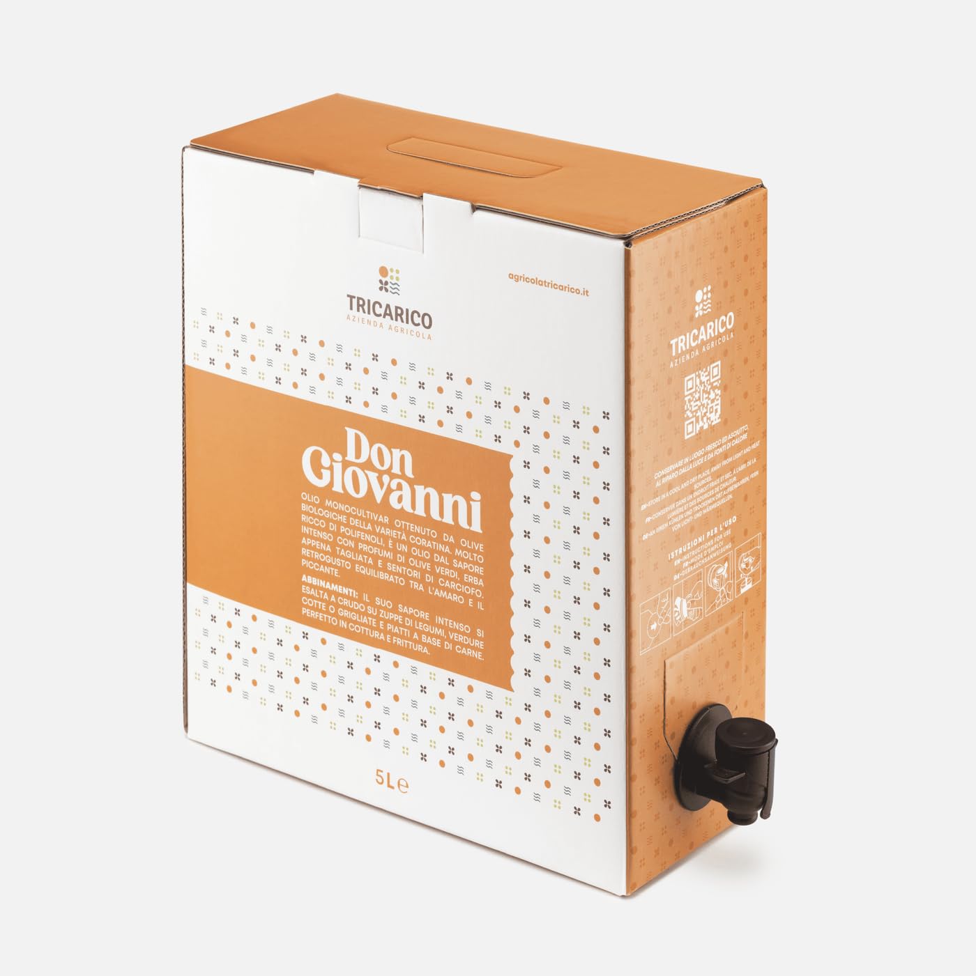 Don Giovanni Bio - 5 L - Nouvelle récolte 2023/2024 - Huile d'olive extra vierge BIO 100% italienne, 100% Coratina, 5 litres, bag-in-box avec robinet doseur - Az. Agr. Tricarico