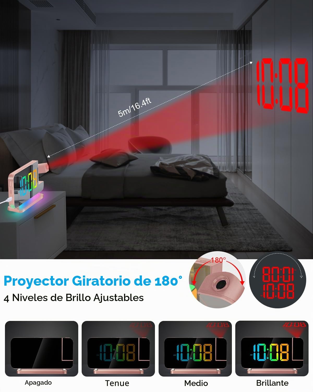 SZELAM Reloj despertador con proyección LED de 7,4 pulgadas, con proyección en la pared del techo, con luz nocturna RGB, puerto de carga USB C, atenuación automática, reloj de escritorio moderno para