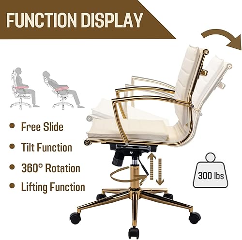 Miniatura 6 de Silla de oficina de cuero beige Silla de escritorio pequeña Silla de oficina ejecutiva dorada con ruedas Silla de brazo giratorio Sillas de tareas