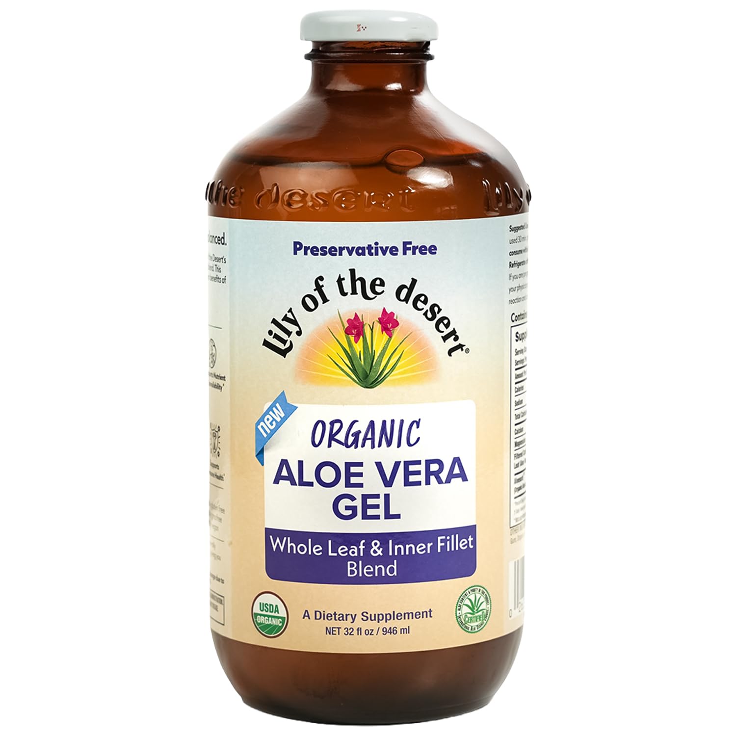 Lily Of The Desert Organic Aloe Vera Gel Drink, Whole Leaf & Inner Fillet Blend, Preservative-Free, Organically Grown in the USA, 32 Fl Oz
