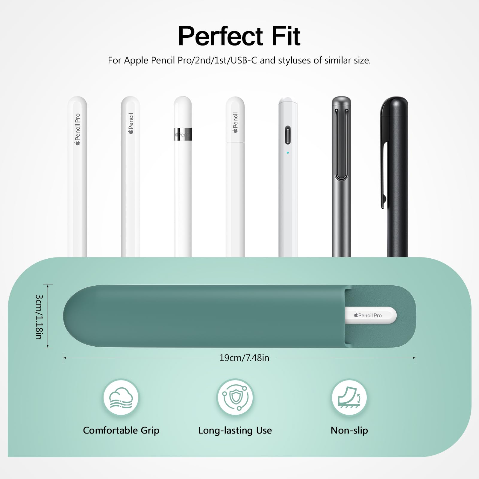 MoKo Universal Stylus Holder, Adhesive Silicone Pencil Protected Sleeve Compatible with Pencil Pro&1st&2nd Gen&USB-C and Similarly Sized Styluses,Attached to Case for Pencil,Dark Night Green