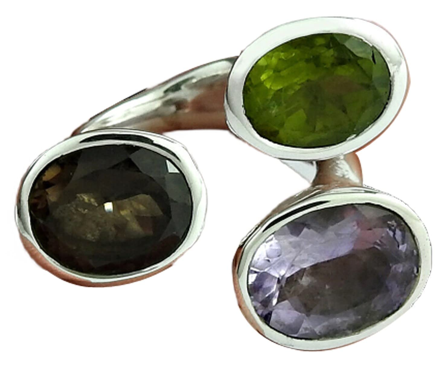 Autentico quarzo fumé, anello impilabile peridoto e ametista, argento sterling, anello nuziale in pietra multipla, gioielli dal design antico per le donne, pietra portafortuna di febbraio agosto