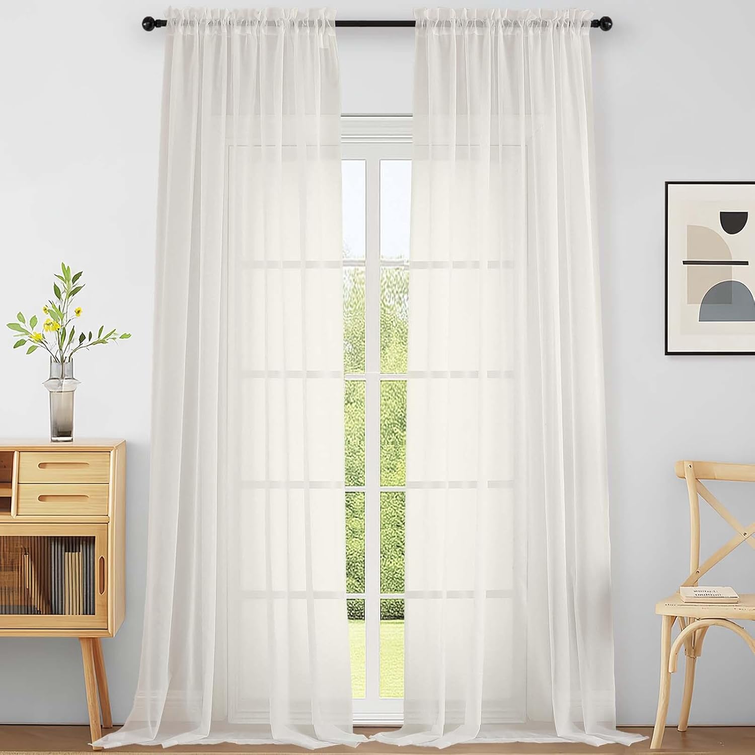 Extra Wide Sheer Ivory Curtains 144 Inches Long 2 Panels, Extra Long Light Filtering Soft Airy Transparent Patio Curtains for Sliding Glass Door, Top Dual Rod Pocket, 12FT, 2x59Wx144L Inches