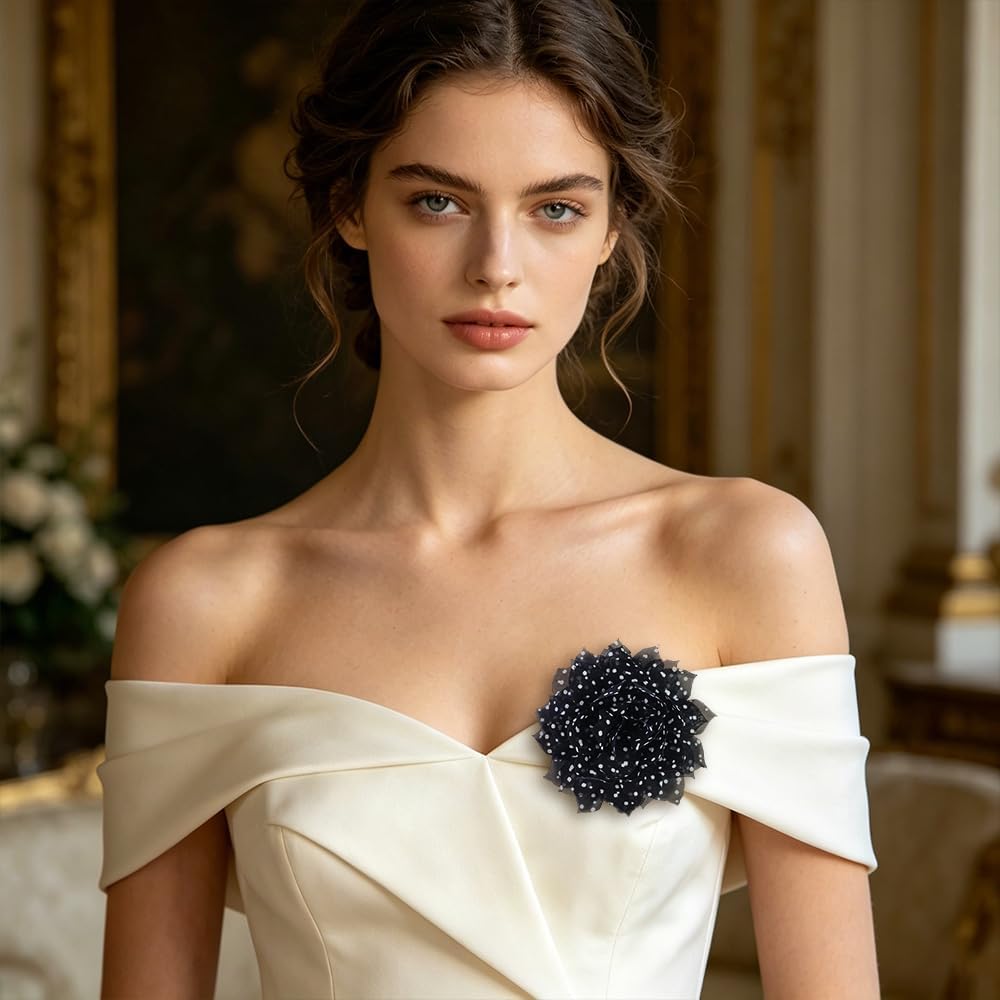 Elegant Polka Dot Chiffon Flower Brooch Pin for Women Men