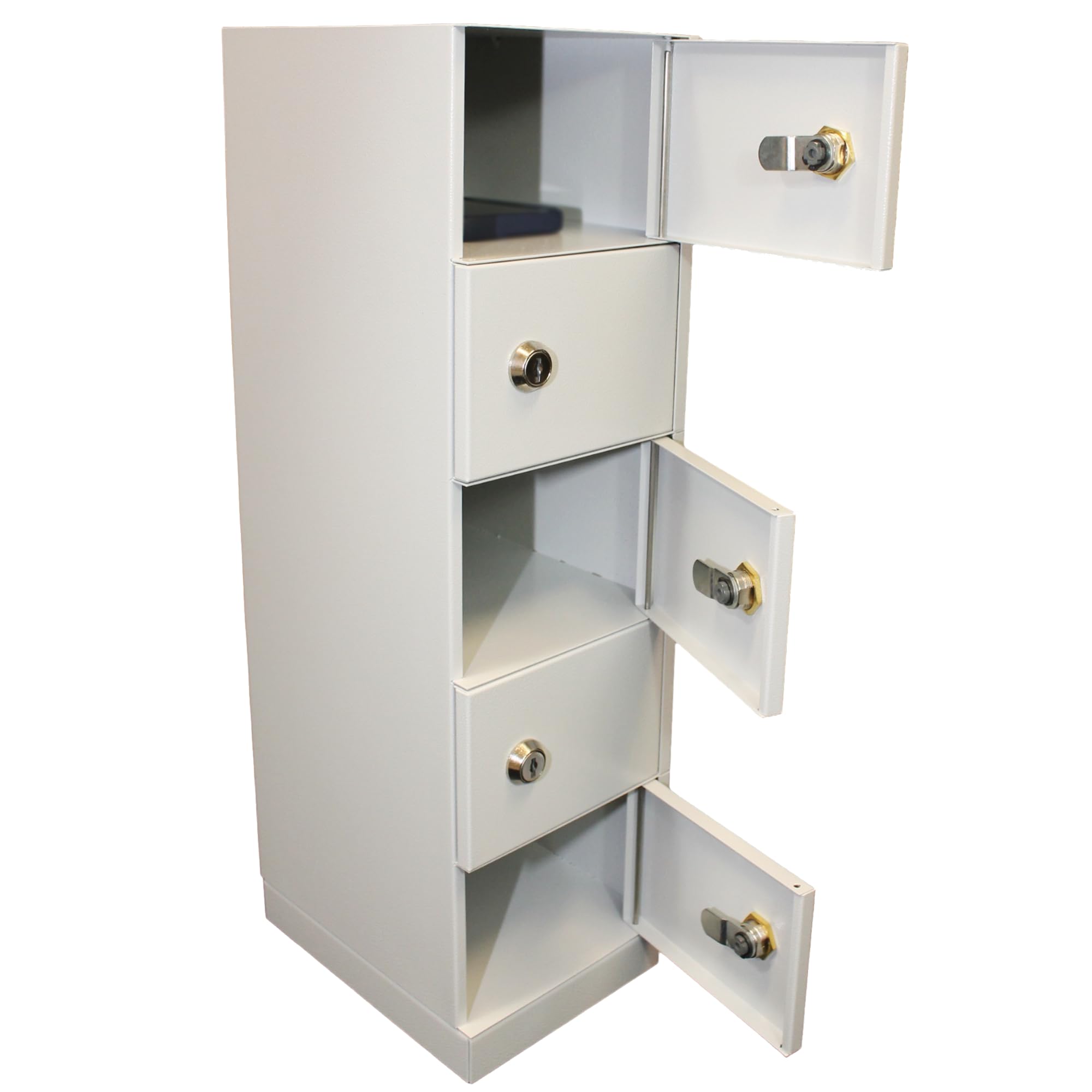 LEOMAR Armadietto Portatelefoni per Aziende e Scuole, Armadio di Sicurezza in Acciaio per Smartphone, 5 Scomparti con Chiavi, Cassetta da Parete 53 × 15 × 20 cm, Colore Grigio