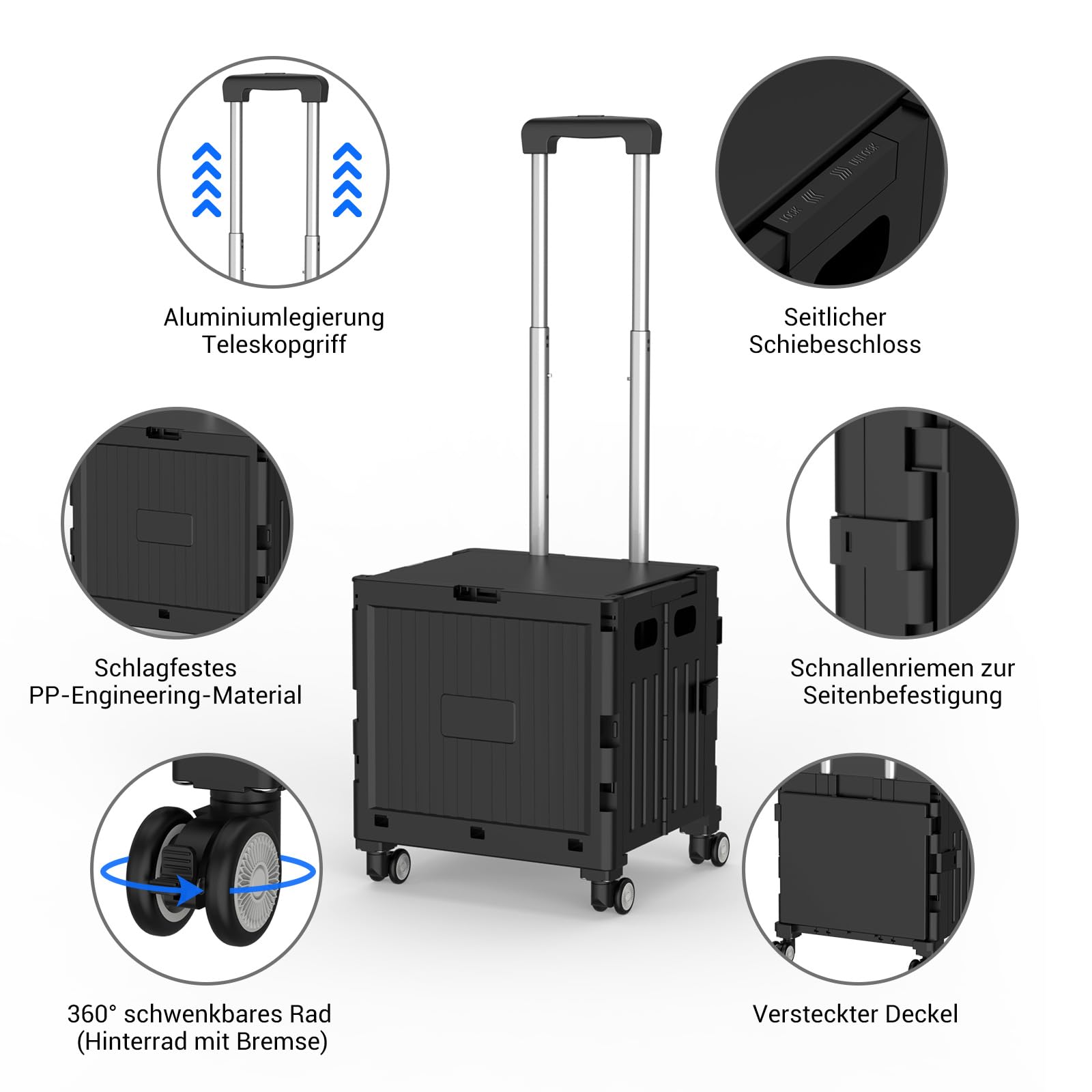 Einkaufstrolley klappbar, Einkaufswagen bis 30 kg, Transportbox mit 4 Rollen, Shopping Trolley Verstellbarer Aluminium Griff, Klappbar Transport Trolley für Einkaufen, Reisen, Büro (Schwarz)