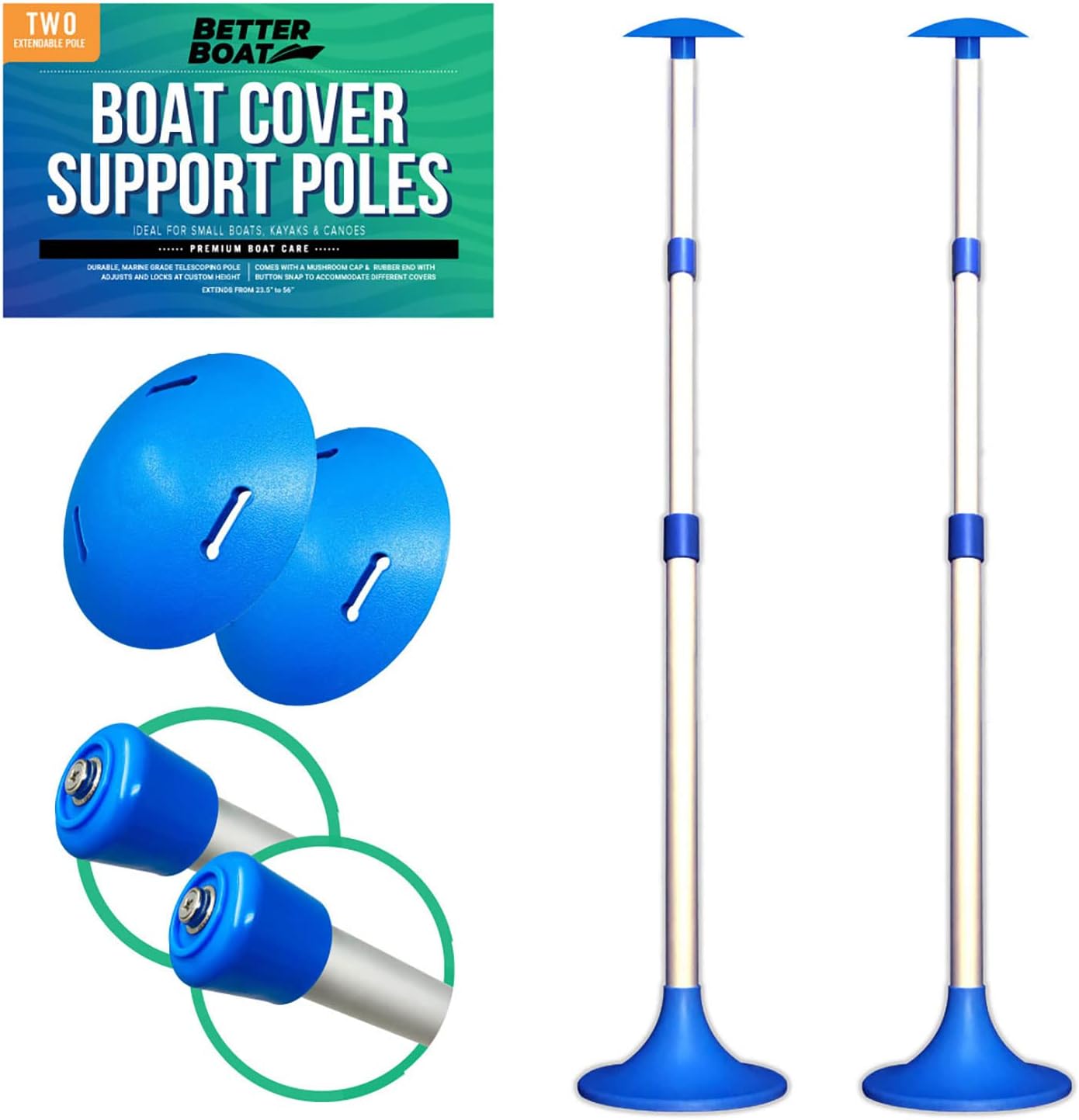 Boat Cover Support Poles 2 Pack, Adjustable Twist Lock, Snap and Mushroom Tops Included, Marine Grade Aluminum for Pontoon Jon Boat Tarp - Better Boat