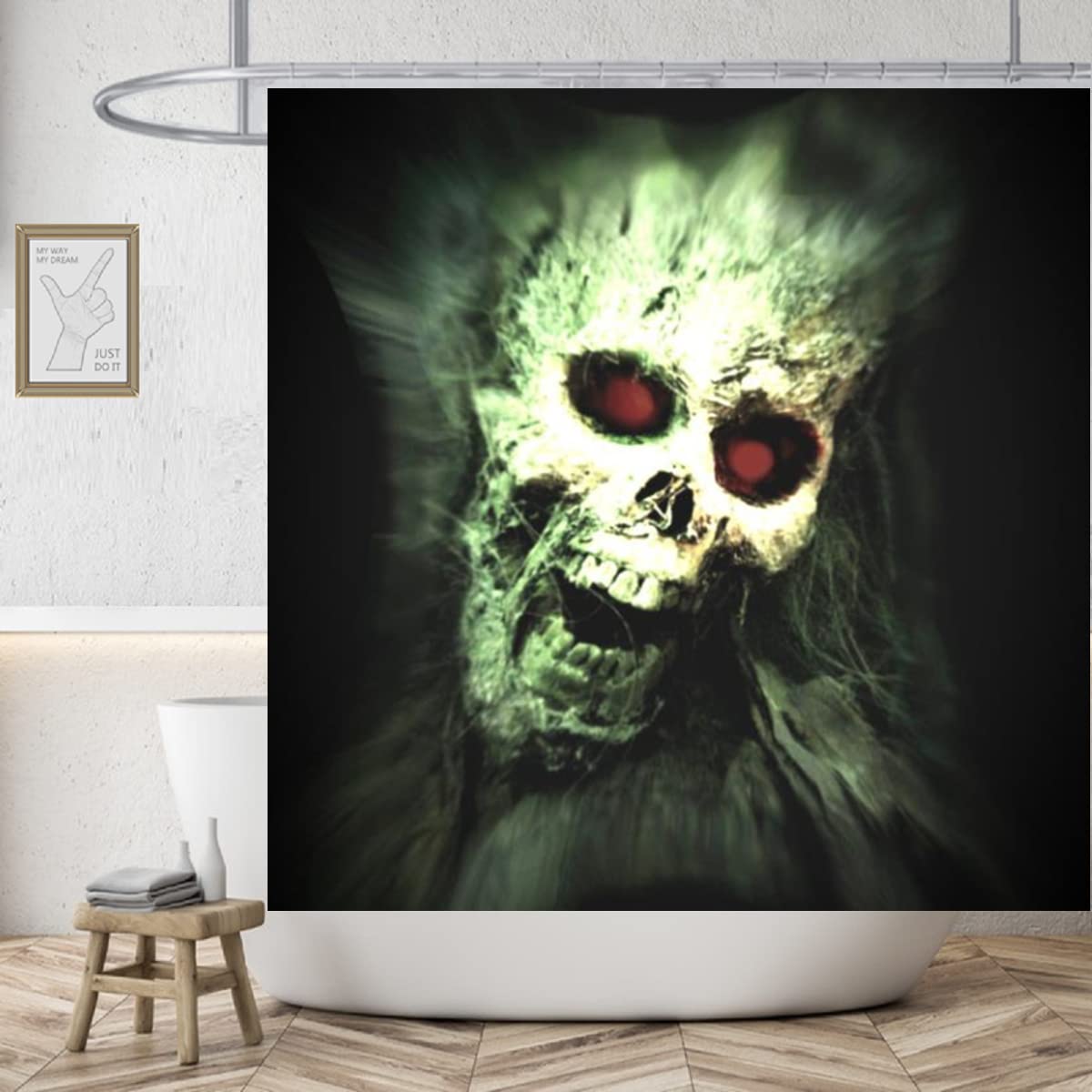 Halloween-Duschvorhang Von ZRUWUA – Mit Totenkopf- Und Schmetterlings-Motiv, Bunt, Gruselig-stylisch, 178x178 Cm, Polyester, Inkl. 12 Haken
