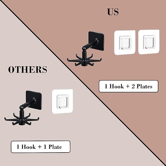 Hanging Utensil Holder Hooks Kitchen Utensil Hanger Wall Mount 360 Degrees Rotating Folding Hook Self Adhesive Hook Utensil Rack with 6 Hooks for Kitchen Bathroom (1 Black & 1 White)