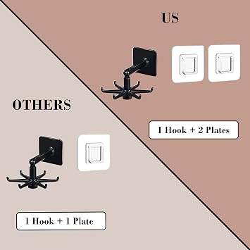 Hanging Utensil Holder Hooks Kitchen Utensil Hanger Wall Mount 360 Degrees Rotating Folding Hook Self Adhesive Hook Utensil Rack with 6 Hooks for Kitchen Bathroom (1 Black & 1 White)