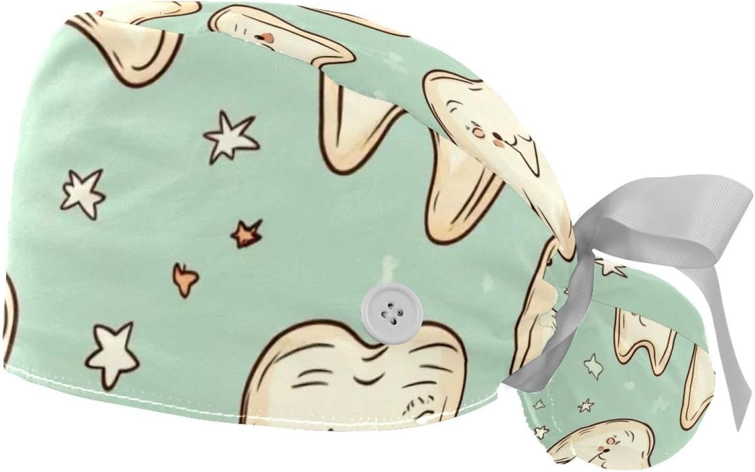 Adjustable 2 Packs Cute Teeth Scrub Cap, Working Hat Hair Cover with Ponytail Pouch, Soft Bouffant Surgical Nurse Cap