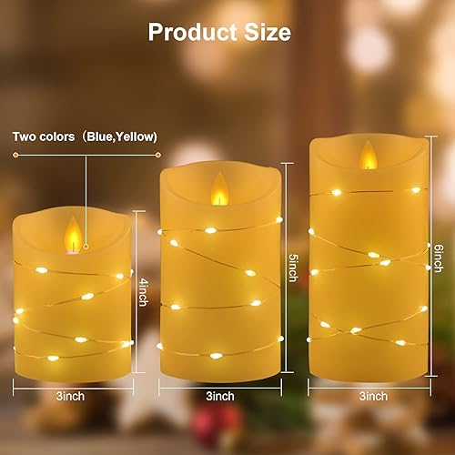 Miniatura 8 de Jhiin Velas sin llama con tira de luz, juego de 3 velas LED parpadeantes con control remoto (Altura 4 pulgadas, 5 pulgadas, 6 pulgadas de diámetro