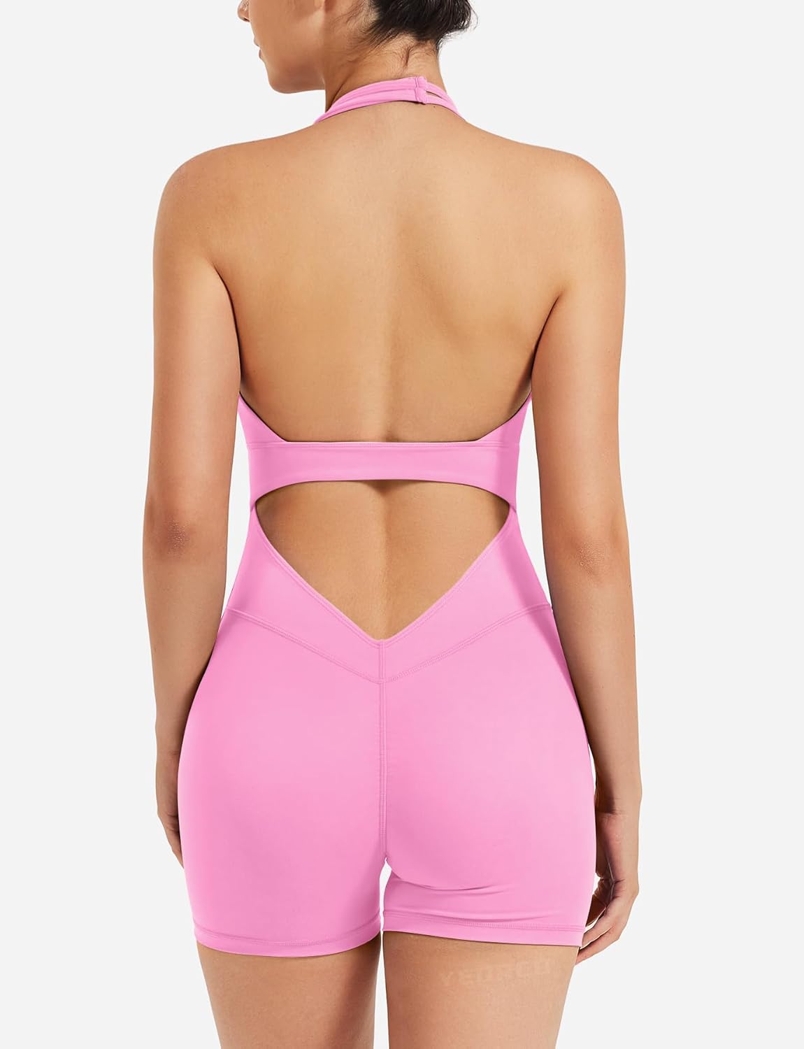 YEOREO Women Halter Workout Jumpsuits One Piece Backless Bodycon Bodysuits Hidden Scrunch V Back Yoga Joceline Short Romper - Image 4
