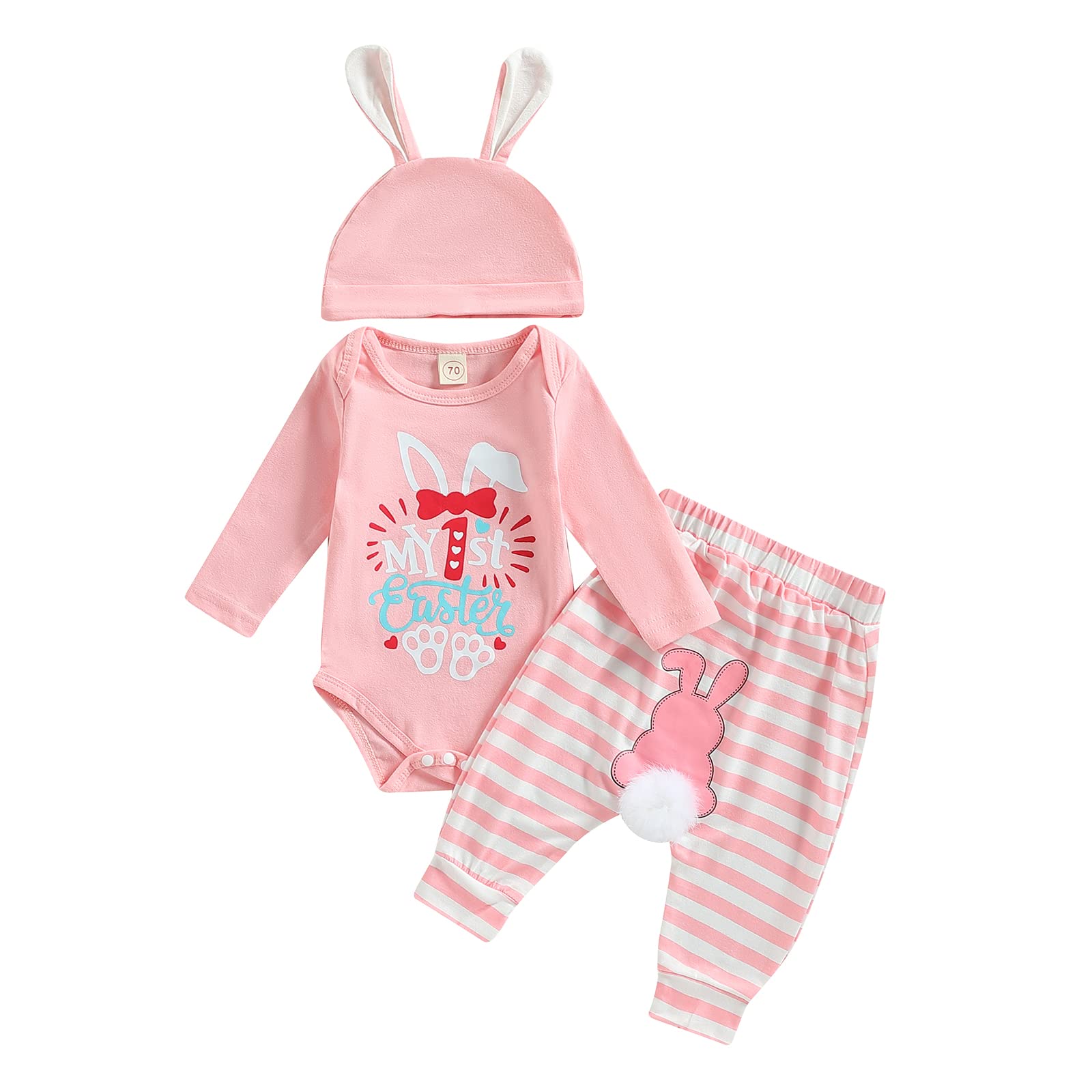 GOOCHEERNewborn Infant Baby Boy Girl My First Easter Outfit Bunny Romper Long Sleeve Bodysuit Stripe Pants Hat Clothes Set