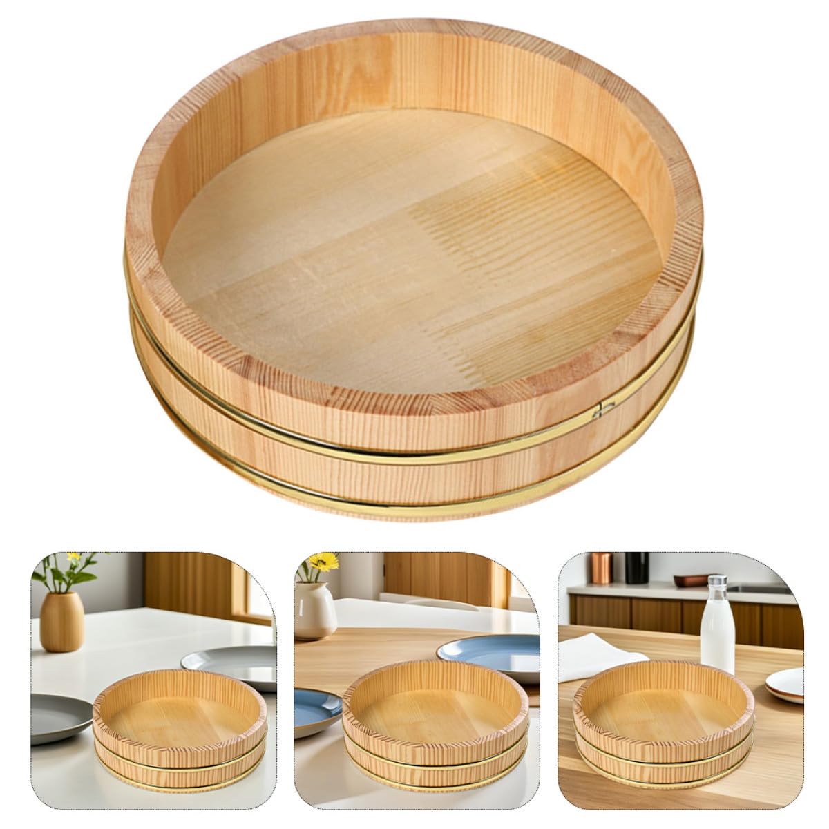 Cuenco Capacidad Grande de Madera con Borde Dorado Hangiri Japonés Elegante y Refinado para Sushi y Sashimi para Reuniones Familiares y Mesa de Comedor