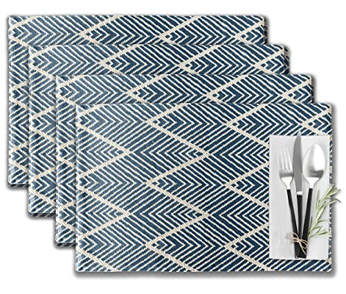 Ck Home Table Placemats, 18" X 12"- Set Of 4, Washable Fabric, Geometric Blue #TOP6