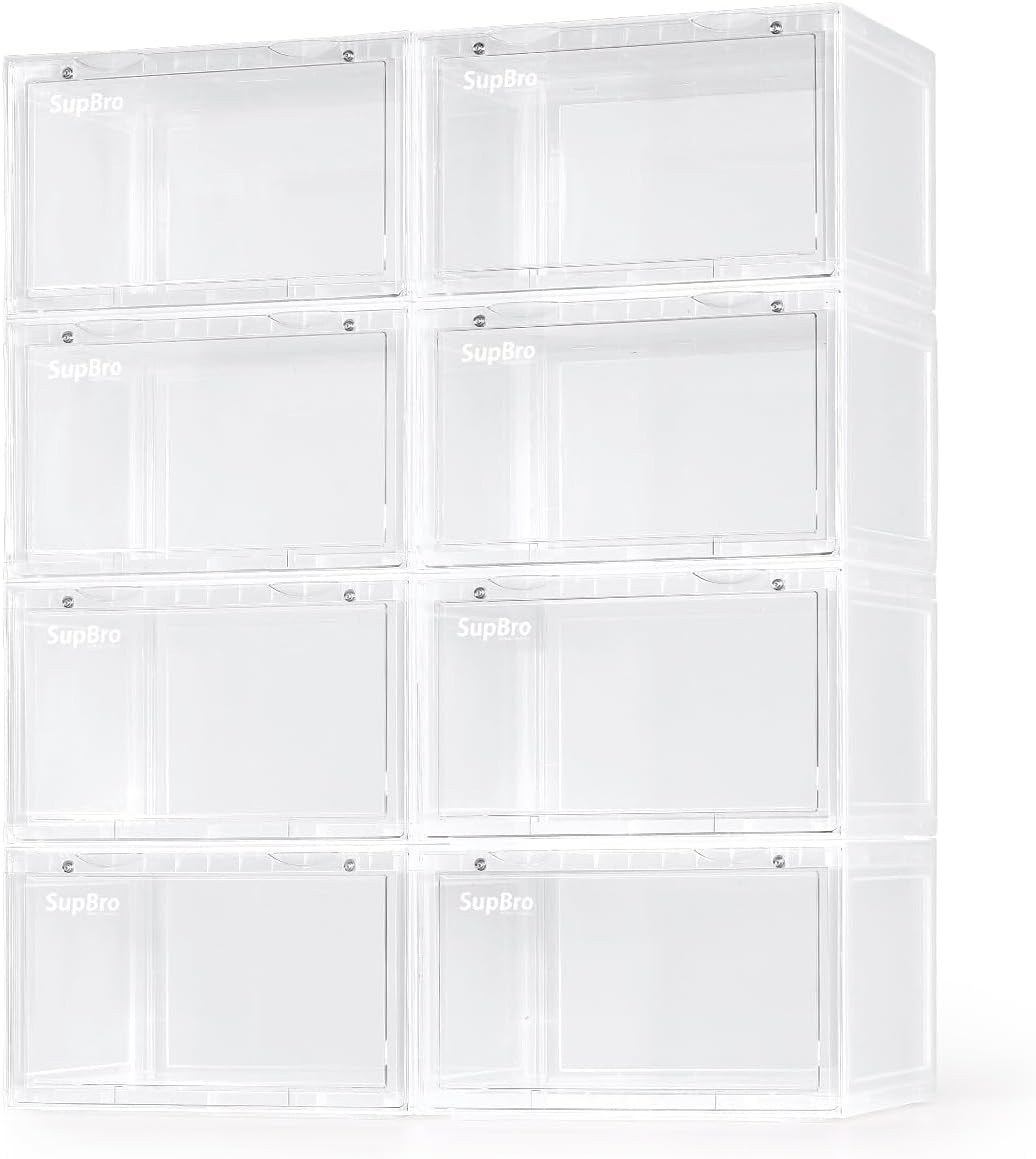 SupBro Collection Crate - Easy Access Storage Shoes Box -Plastic Foldable Stackable Sneaker Display Storage with Clear Side Open Door Organizer-2 Pack(White)