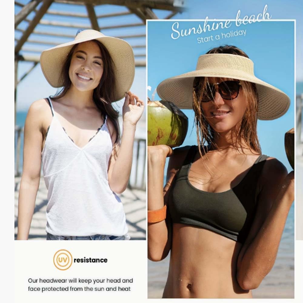 Sun Visor Hats for Women Wide Brim Straw Ponytail Summer Beach Hat UV UPF Packable Foldable Travel,Rolled Brim - Image 7
