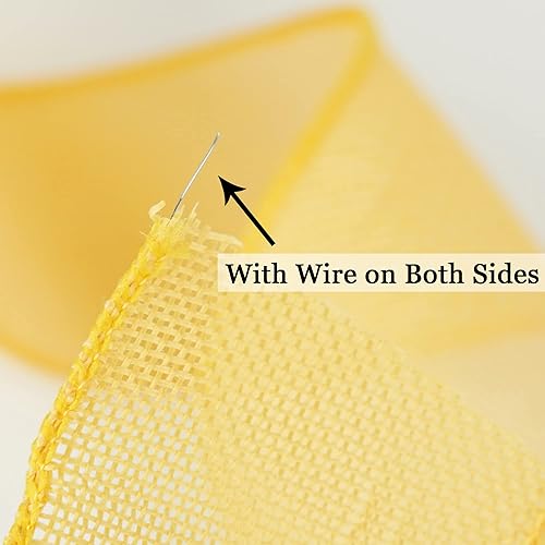 Miniatura 3 de HUIHUANG Cinta amarilla de yute con alambre de arpillera  2.5 pulgadas x 10 yardas con borde de alambre sólido para coronas, lazos grandes,